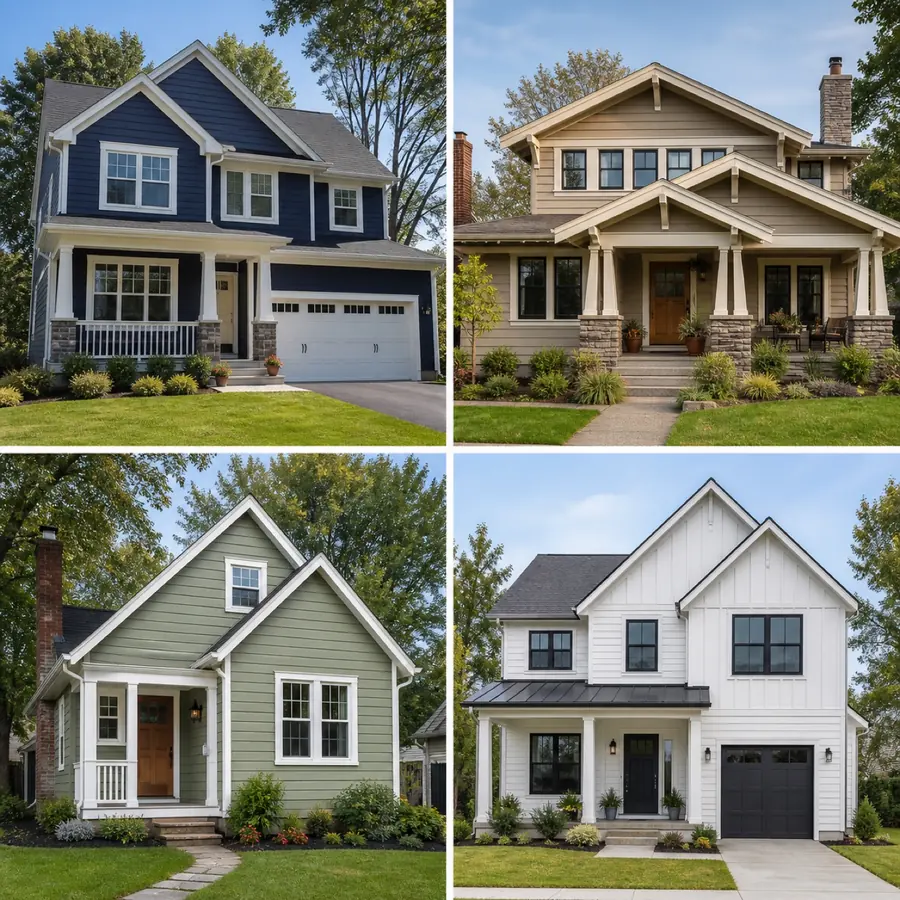 Four homes with navy, cream, sage green, and white siding